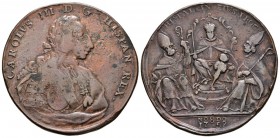 CARLOS III. Medalla de proclamación. 1759. Sevilla. A/ Busto a derecha. CAROLVS III D.G. HISPAN. REX. R/ San Fernando entronizado entre San Isidro y S...