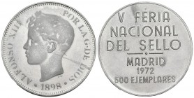 V FERIA NACIONAL DEL SELLO. 1972. Madrid. Utilizando para el anverso el modelo de las 5 Pesetas de 1898. Al. 7,28g. 500 Ejemplares. Anverso débil habi...