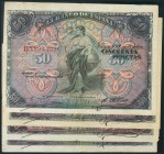Conjunto de 4 billetes de 50 Pesetas emitidos el 24 de Septiembre de 1906, 2 con serie B y 2 con serie C (Edifil 2017: 315a). MBC/BC.