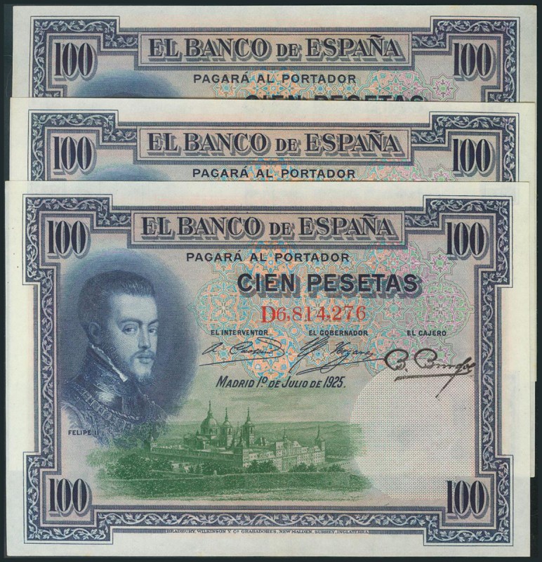 Conjunto de 3 billetes de 100 Pesetas emitidos el 1 de Julio de 1925, todos con ...