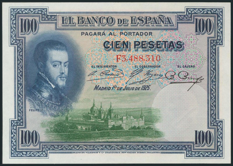 100 Pesetas. 1 de Julio de 1925. Nº3.488.310. Serie F. (Edifil 2017: 350). Apres...