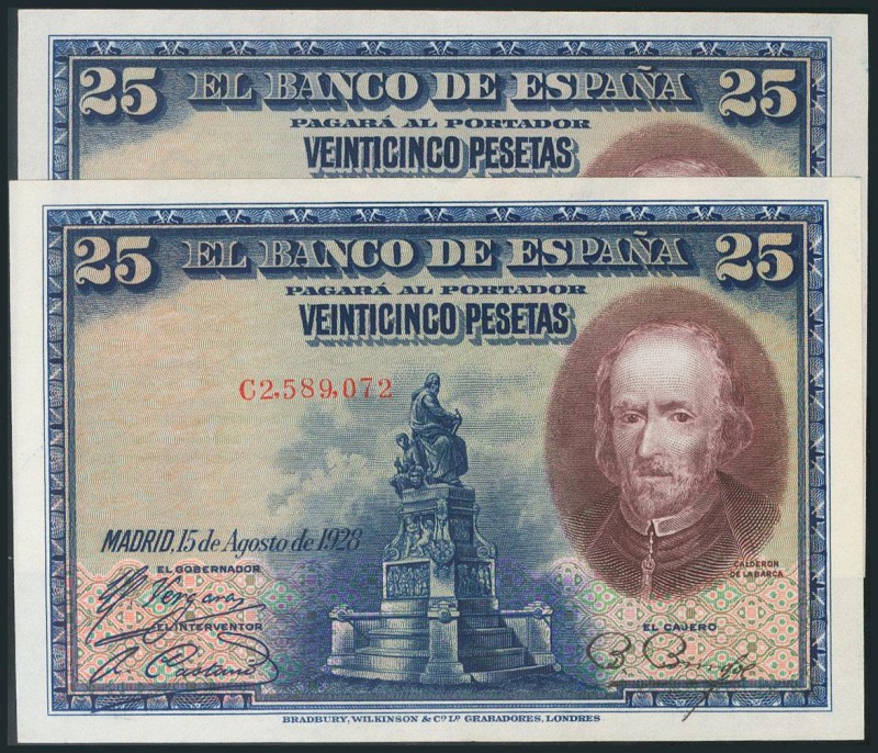 25 Pesetas. 15 de Agosto de 1928. Pareja correlativa. Serie C. Doblez vertical. ...