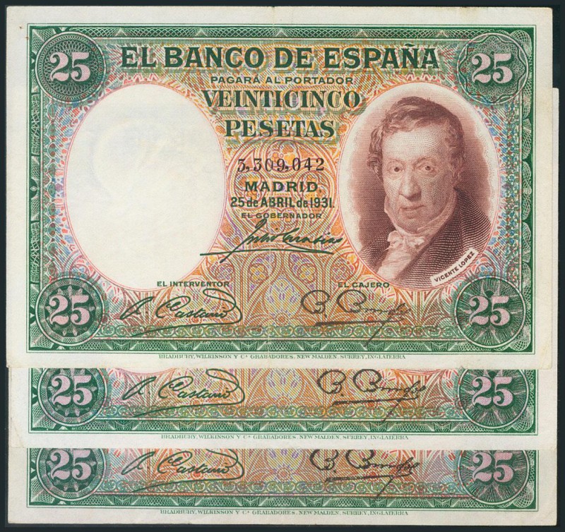 Conjunto de 3 billetes de 25 Pesetas emitidos el 25 de Abril de 1931, sin serie ...