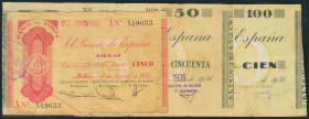 Conjunto de 3 billetes del Banco de España, emitidos en Bilbao el 30 de Agosto de 1936, 5 Pesetas (Serie A), 50 Pesetas y 100 Pesetas, todos ellos con...