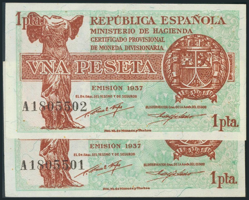 1 Peseta. 1937. Pareja correlativa. Serie A. (Edifil 2017: 392). SC.