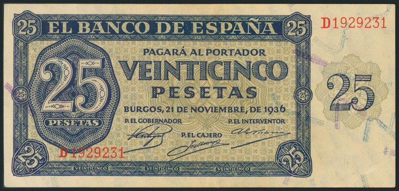 25 Pesetas. 21 de Noviembre de 1936. Banco de España, Burgos. Serie D. (Edifil 2...