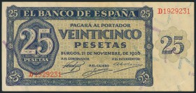 25 Pesetas. 21 de Noviembre de 1936. Banco de España, Burgos. Serie D. (Edifil 2017: 419a). Conserva gran parte del apresto original. EBC.