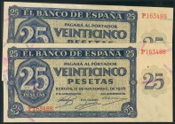 25 Pesetas. 21 de Noviembre de 1936. Banco de España, Burgos, pareja correlativa. Serie P. Ondulados verticalmente, fibra sin romper. Apresto original...
