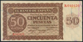 50 Pesetas. 21 de Noviembre de 1936. Banco de España, Burgos. Serie R. (Edifil 2017: 420a). Conserva gran parte del apresto original. EBC.