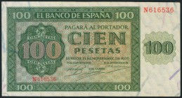 100 Pesetas. 21 de Noviembre de 1936. Banco de España, Burgos. Serie N. Reparado. (Edifil 2017: 421a).