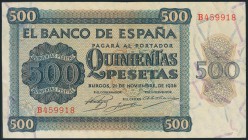 500 Pesetas. 21 de Noviembre de 1936. Banco de España, Burgos. Serie B. Pequeña reparación. (Edifil 2017: 422a). MBC+.