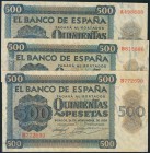 Conjunto de 3 billetes de 500 Pesetas emitidos el 21 de Noviembre de 1936, serie A (1) y serie B (2) (Edifil 2017: 422, 422a). MBC+/MBC-.