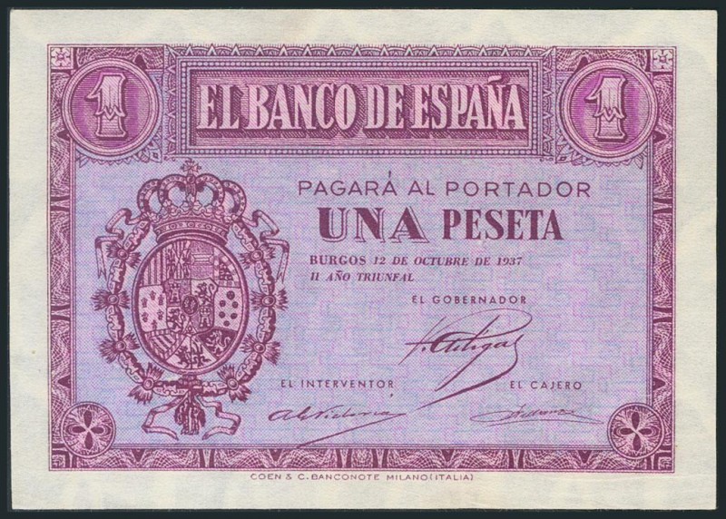 1 Peseta. 12 de Octubre de 1937. Serie B. (Edifil 2017: 425a). Apresto original....