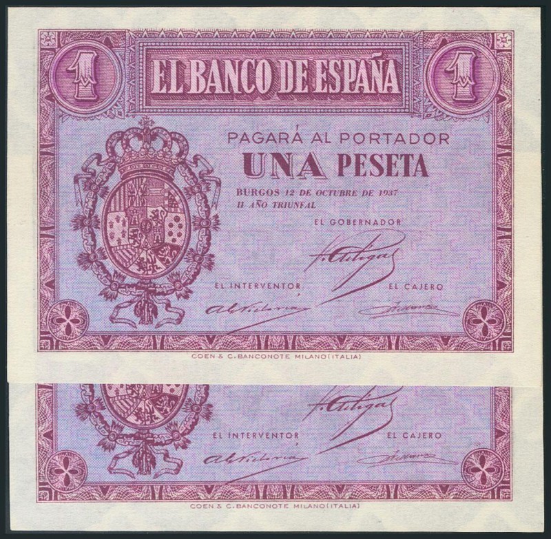 1 Peseta. 12 de Octubre de 1937. Pareja correlativa. Serie D. (Edifil 2017: 425a...