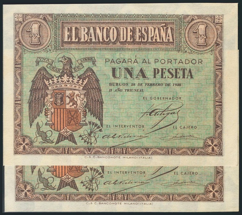 1 Peseta. 28 de Febrero de 1938. Pareja correlativa. Serie A. (Edifil 2017: 427)...