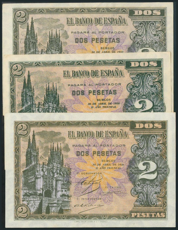 Conjunto de 3 billetes emitidos el 30 de Abril de 1938, serie D (2) y serie I (1...