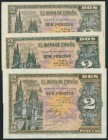 Conjunto de 3 billetes emitidos el 30 de Abril de 1938, serie D (2) y serie I (1) (Edifil 2017: 429, 429a). EBC.