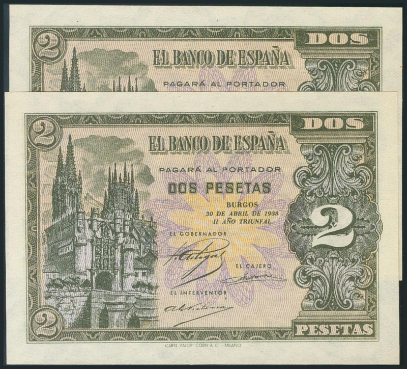 2 Pesetas. 30 de Abril de 1938. Pareja correlativa. Serie L. (Edifil 2017: 429a)...