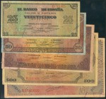 Serie completa de 5 billetes (25, 50, 100, 500 y 1000 Pesetas) de la emisión de Burgos del 20 de Mayo de 1938. (Edifil 2017: 430/34). Inusual. MBC.