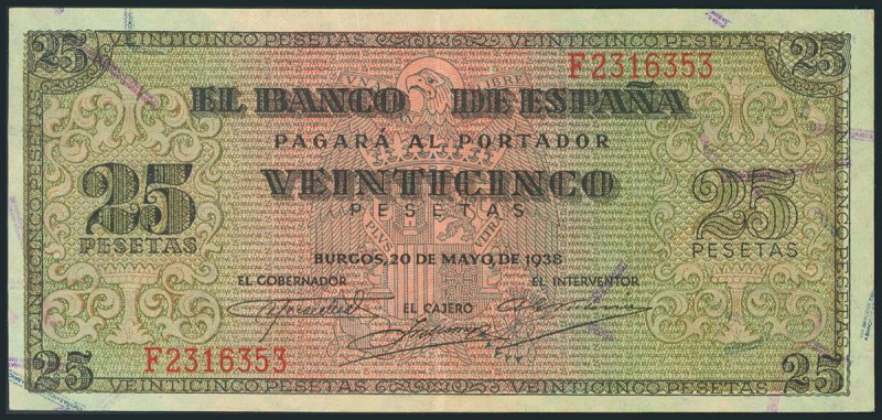 25 Pesetas. 20 de Mayo de 1938. Banco de España, Burgos. Serie F. (Edifil 2017: ...