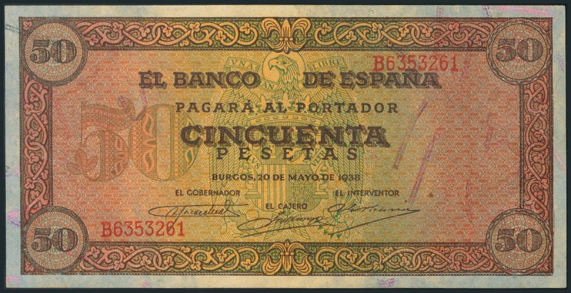 50 Pesetas. 20 de Mayo de 1938. Banco de España, Burgos. Serie B. Invisible ondu...