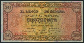 50 Pesetas. 20 de Mayo de 1938. Banco de España, Burgos. Serie B. Invisible ondulación vertical. (Edifil 2017: 431a). Apresto original. EBC-.