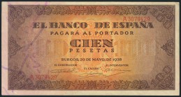 100 Pesetas. 20 de Mayo de 1938. Banco de España, Burgos. Serie A. Apresto original. (Edifil 2017: 432). SC-.