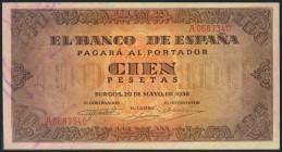 100 Pesetas. 20 de Mayo de 1938. Banco de España, Burgos. Serie A. (Edifil 2017: 432). MBC+.