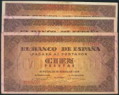 Conjunto de 3 billetes de 100 Pesetas emitidos el 20 de Mayo de 1938, Serie A, D y E (Edifil 2017: 432, 432a). EBC-/MBC+.