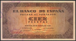 100 Pesetas. 20 de Mayo de 1937. Banco de España, Burgos. Serie D. (Edifil 2017: 432a). EBC++.