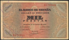1000 Pesetas. 20 de Mayo de 1938. Banco de España, burgos. Serie A. (Edifil 2017: 434). MBC.