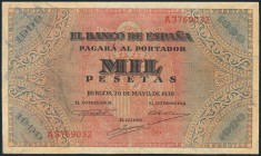 1000 Pesetas. 20 de Mayo de 1938. Banco de España, Burgos. Serie A. Pequeña reparación. (Edifil 2017: 434). MBC.