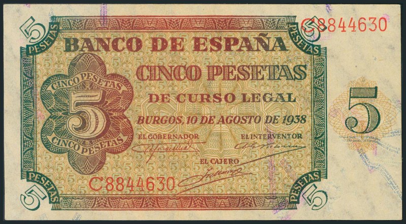 5 Pesetas. 10 de Agosto de 1938. Serie C. (Edifil 2017: 435a). Apresto original....