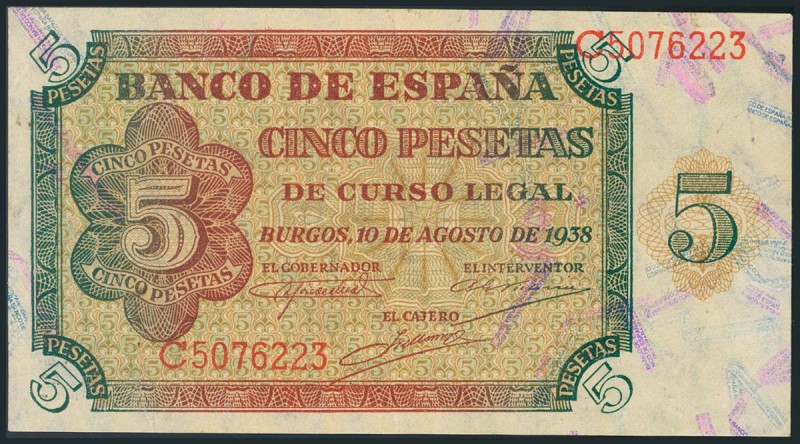 5 Pesetas. 10 de Agosto de 1938. Serie C. (Edifil 2017: 435a). EBC.