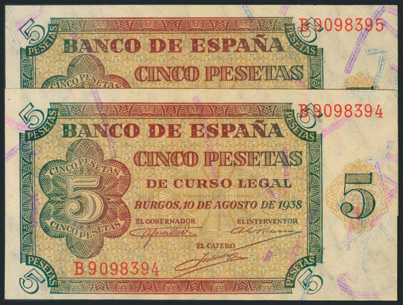 5 Pesetas. 10 de Agosto de 1938. Banco de España, Burgos. Pareja correlativa. Se...