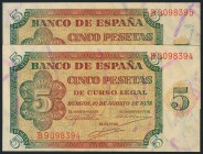 5 Pesetas. 10 de Agosto de 1938. Banco de España, Burgos. Pareja correlativa. Serie B. (Edifil 2017: 435a). Apresto original. Muy raro. SC.