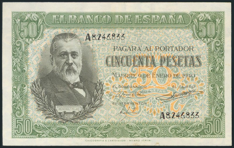 50 Pesetas. 9 de Enero de 1940. Serie A. (Edifil 2017: 437). Conserva gran parte...