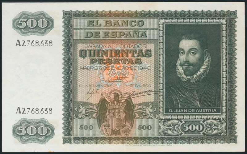 500 Pesetas. 9 de enero de 1940. Serie A. Manchitas del tiempo en el margen infe...