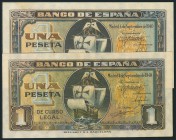 Conjunto de 2 billetes de 1 Peseta emitidos el 4 de septiembre de 1940, sin serie y serie G (Edifil 2017: 442, 442a). EBC.