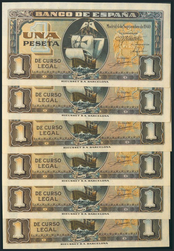 Conjunto de 6 billetes correlativos de 1 Peseta emitidos el 4 de Septiembre de 1...