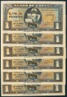 Conjunto de 6 billetes correlativos de 1 Peseta emitidos el 4 de Septiembre de 1940, serie G (Edifil 2017: 442a). SC.