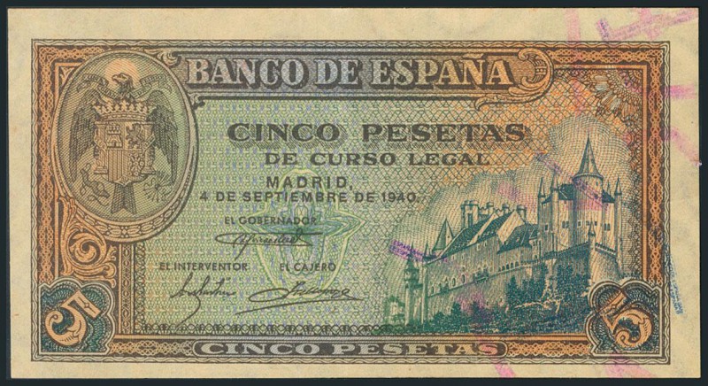 5 Pesetas. 4 de Septiembre de 1940. Serie J. (Edifil 2017: 443a). EBC.