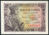 Conjunto de 4 billetes correlativos de 1 Peseta emitidos el 21 de Mayo de 1943, sin serie (Edifil 2017: 447). SC.