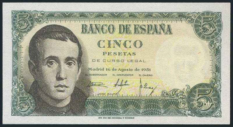 5 Pesetas. 16 de Agosto de 1951. Sin serie. (Edifil 2017: 459). SC.