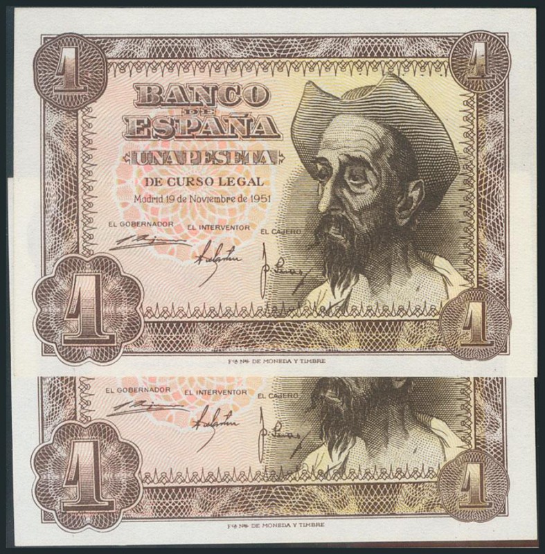 1 Peseta. 19 de Noviembre de 1951. Pareja correlativa. Serie B. (Edifil 2017: 46...