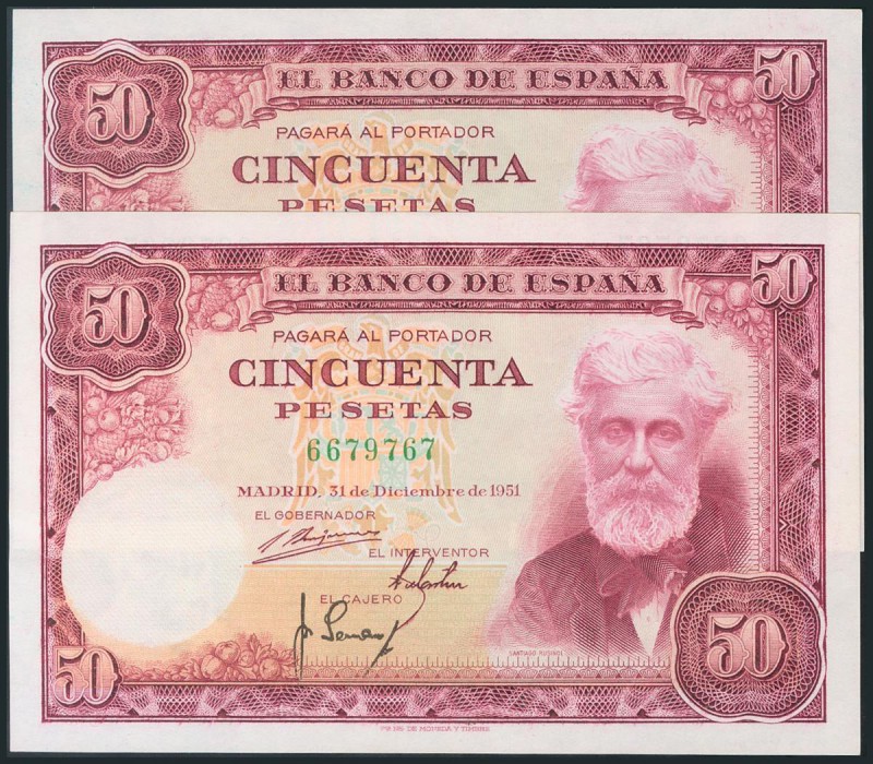 50 Pesetas. 31 de Diciembre de 1951. Pareja correlativa. Sin serie. (Edifil 2017...