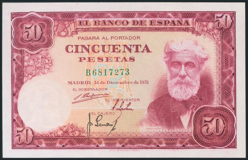 50 Pesetas. 31 de Diciembre de 1951. Serie B. Doblez vertical. (Edifil 2017: 462...