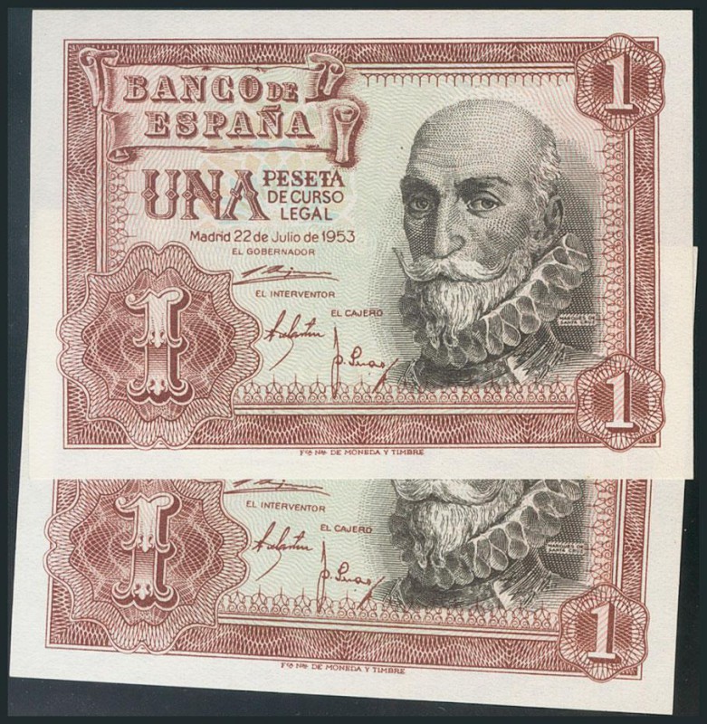 1 Peseta. 22 de Julio de 1953. Pareja correlativa. Serie T. (Edifil 2017: 465a)....