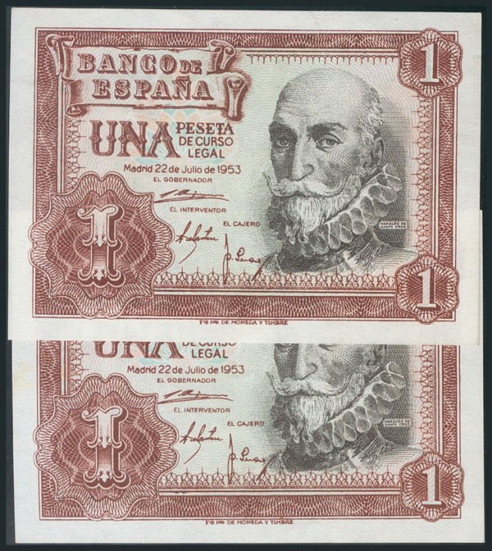 1 Peseta. 22 de Julio de 1953. Pareja correlativa. Serie Y. (Edifil 2017: 465a)....