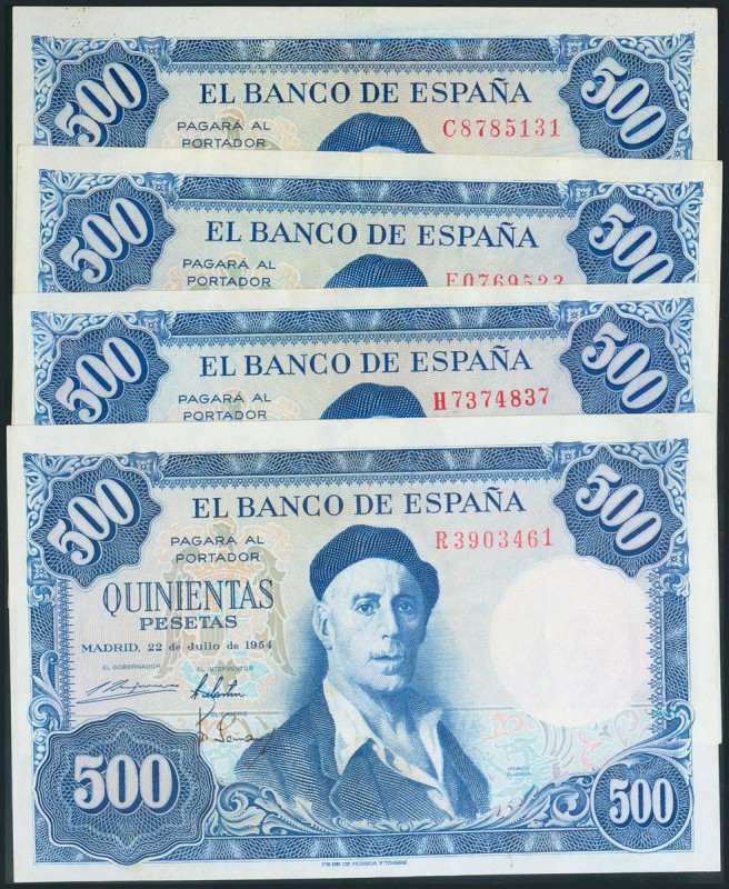 Conjunto de 4 billetes de 500 Pesetas emitidos el 22 de Julio de 1954, con las s...